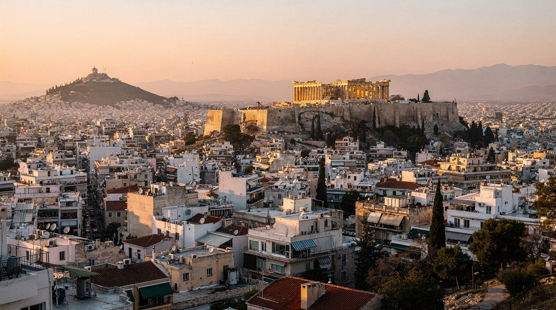 Athens with the Acropolis at sunset, Greece